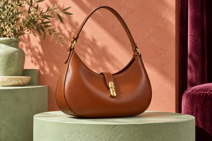 Bolsa Crescent conhaque em pedestal verde-menta com fundo coral e ameixa